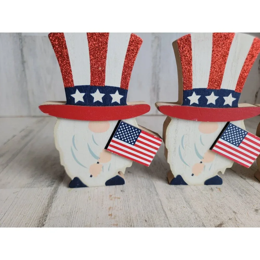 Wooden 4th of‎ July gnome glitter USA set figure decor flag